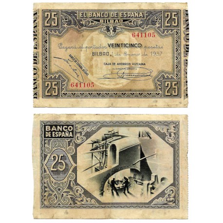 España (II República). 1937. 25 Pesetas (MBC) Caja de Ahorros Vizcaína