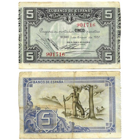 España (II República). 1937. 5 Pesetas (BC+) Sin Serie, Banco de Vizcaya