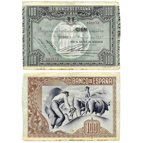 España (II República). 1937. 100 Pesetas (MBC-) Sin Serie, Banco de Vizcaya