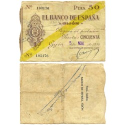 España (II República). 1936. 50 Pesetas (BC) Roturas en márgenes