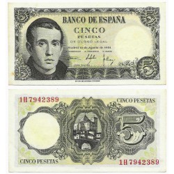 Estado Español. 1951. 5 Pesetas (EBC) Serie 1H, Leve Mancha