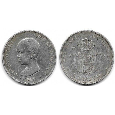 Alfonso XIII. 1891*(---91). 5 Pesetas (BC) (Plata) Ceca de Madrid PG-M