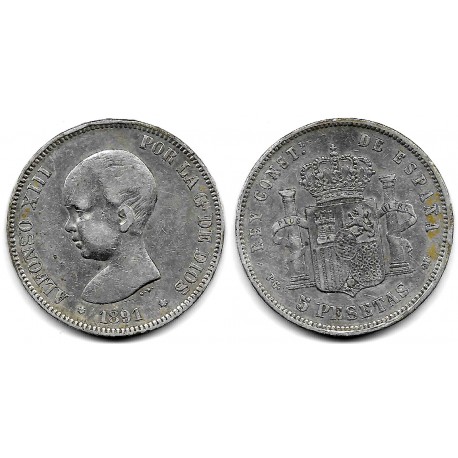 Alfonso XIII. 1891*(18---). 5 Pesetas (BC) (Plata) Ceca de Madrid PG-M
