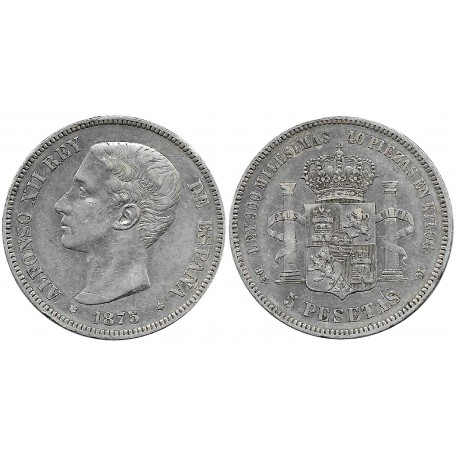 Alfonso XII. 1875*(18-75). 5 Pesetas (BC+) (Plata) Ceca de Madrid DE-M