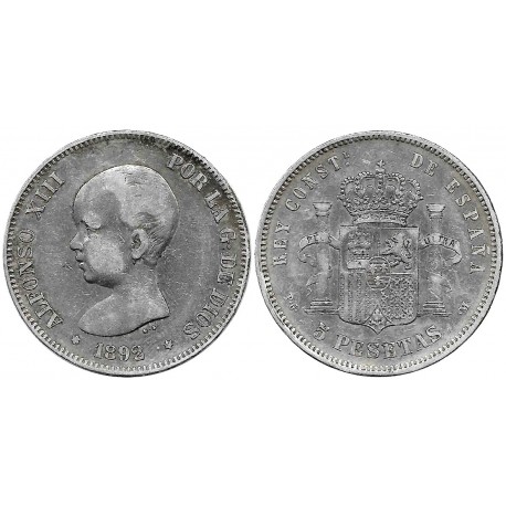 Alfonso XIII. 1892*(18-92). 5 Pesetas (BC) (Plata) Ceca de Madrid PG-M
