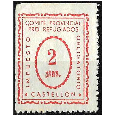 Viñeta. Comité Provincial Pro Refugiados. Castellón. 2 Pesetas (Nuevo, con señal de fijasellos)