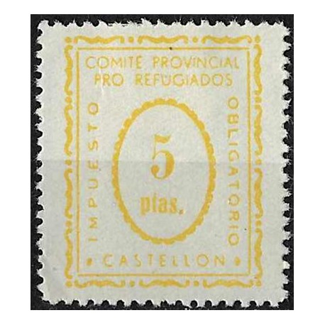 Viñeta. Comité Provincial Pro Refugiados. Castellón. 5 Pesetas (Nuevo, con señal de fijasellos)