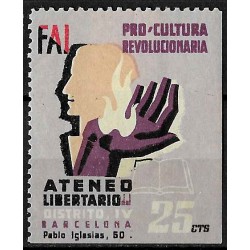 Viñeta. Ateneo Libertario, Distrito IV. Barcelona. FAI. 25 Céntimos (Nuevo, con señal de fijasellos)