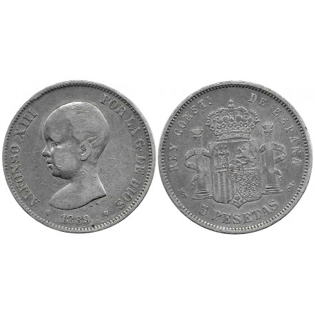 Alfonso XIII. 1889*(---89). 5 Pesetas (BC) (Plata) Ceca de Madrid MP-M