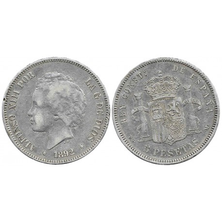Alfonso XIII. 1892*(18-9-). 5 Pesetas (BC) (Plata) Ceca de Madrid PG-M