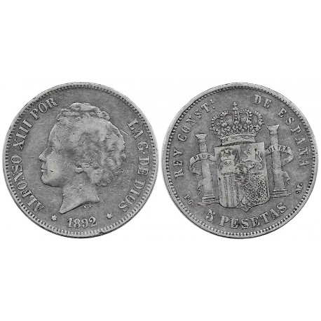 Alfonso XIII. 1892*(-----). 5 Pesetas (BC) (Plata) Ceca de Madrid PG-M