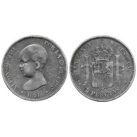 Alfonso XIII. 1891*(-----). 5 Pesetas (BC) (Plata) Ceca de Madrid PG-M