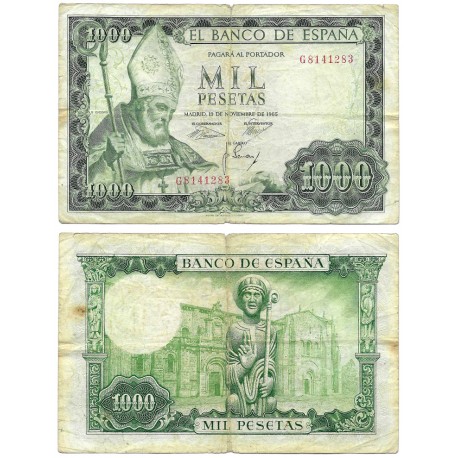 Estado Español. 1965. 1000 Pesetas (BC/BC-) Serie G, Manchas y leves roturas en márgenes