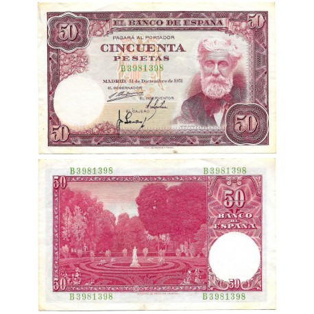 Estado Español. 1951. 50 Pesetas (MBC) Serie B, Leves Manchas