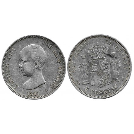 Alfonso XIII. 1892*(18-92). 5 Pesetas (BC/BC+) (Plata) Ceca de Madrid PG-M