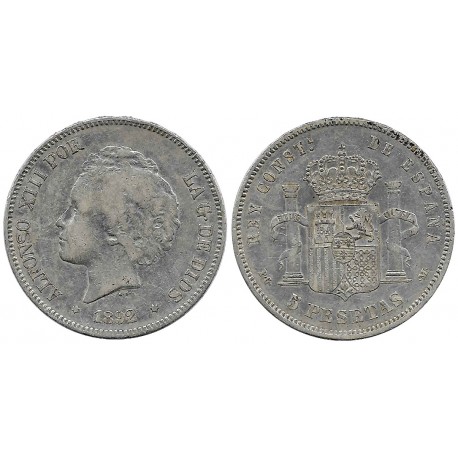 Alfonso XIII. 1892*(-8-92). 5 Pesetas (BC) (Plata) Ceca de Madrid PG-M