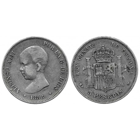 Alfonso XIII. 1888*(---88). 5 Pesetas (BC) (Plata) Ceca de Madrid MP-M