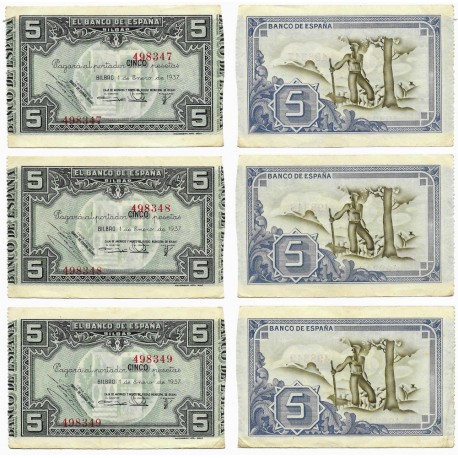 España (II República). 1937. 5 Pesetas (MBC) Trío Correlativo