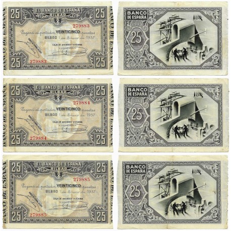 España (II República). 1937. 25 Pesetas (MBC) Trío correlativo