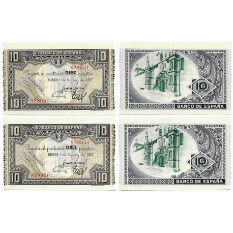 España (II República). 1937. 10 Pesetas (SC) Pareja Correlativa