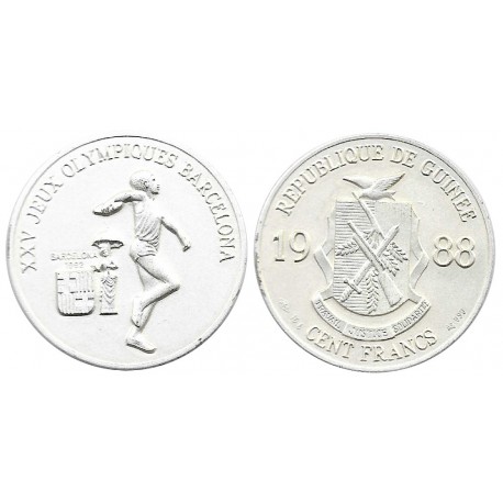 (57) República de Guinea. 1988. 100 Francs (SC) (Plata)
