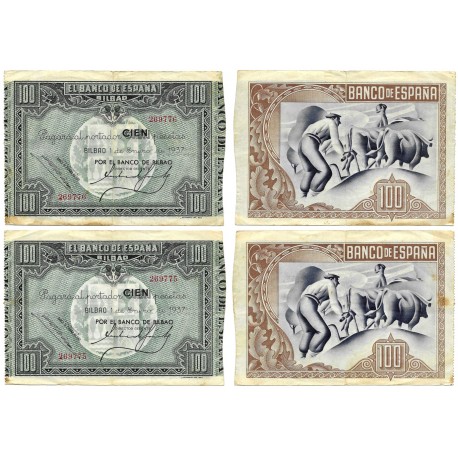 España (II República). 1937. 100 Pesetas (BC+) Manchas, Pareja Correlativa