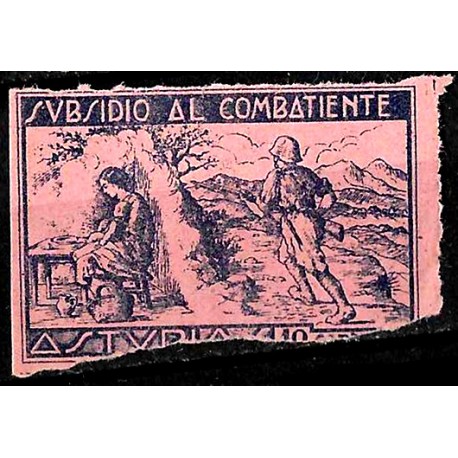 Viñeta. Asturias. Subsidio al Combatiente. 10 Céntimos (Usado y con roturas)