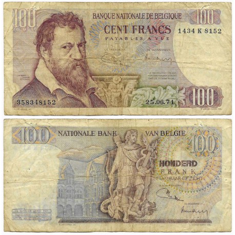 (134b) Bélgica. 1971. 100 Francs (BC-) Roturas