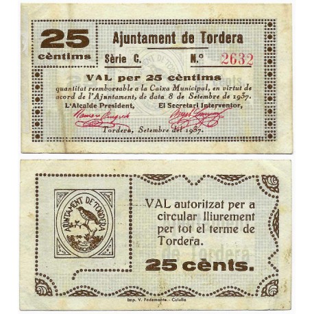 Tordera. 1937. 25 Céntimos (MBC-) Serie C