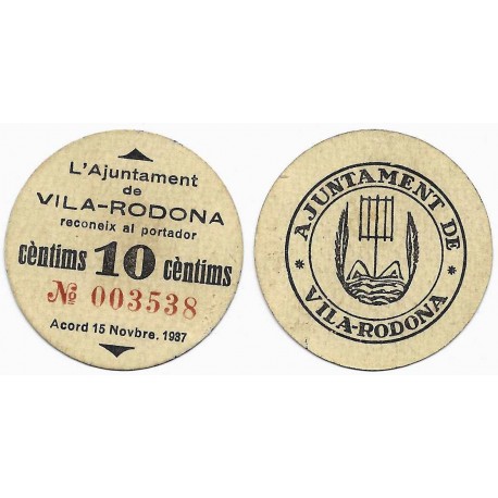 Vila-Rodona. 1937. 10 Céntimos (MBC+/MBC)