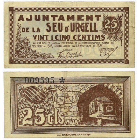 La Seu d,Urgell. 1937. 25 Céntimos (MBC)