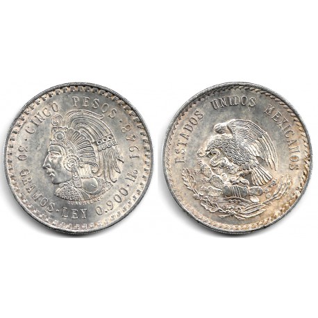 (465) Estados Unidos Mexicanos. 1948. 5 Pesos (EBC) (Plata) Golpe leve en el canto