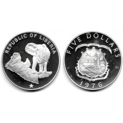 (29) Liberia. 1976. 5 Dollars (EBC+) (Plata) Leves Manchas