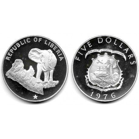 (29) Liberia. 1976. 5 Dollars (EBC+) (Plata) Leves Manchas