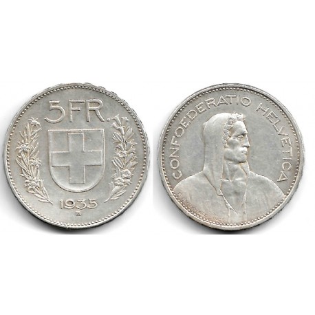 (40) Suiza. 1935(B). 5 Francs (MBC) (Plata)