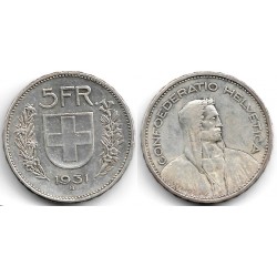 (40) Suiza. 1931(B). 5 Francs (MBC) (Plata)