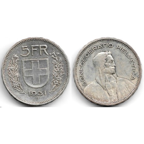 (40) Suiza. 1931(B). 5 Francs (MBC) (Plata)