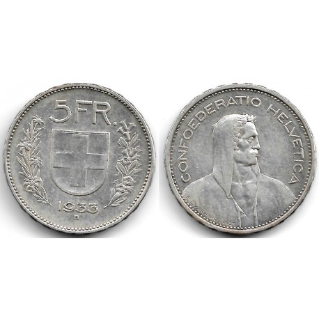 (40) Suiza. 1933(B). 5 Francs (MBC) (Plata)