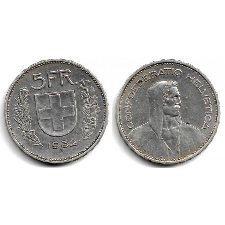 (40) Suiza. 1932(B). 5 Francs (MBC) (Plata)