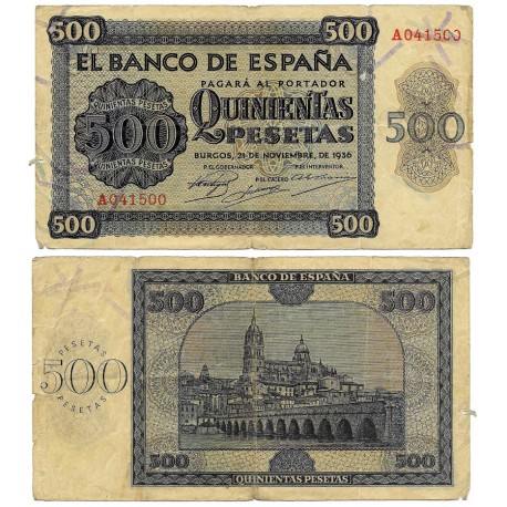 Estado Español. 1936. 500 Pesetas (BC+) Serie A, Leves roturas en márgenes