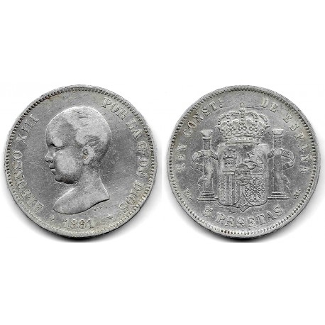 Alfonso XIII. 1891*(-----). 5 Pesetas (BC) (Plata) Ceca de Madrid PG-M