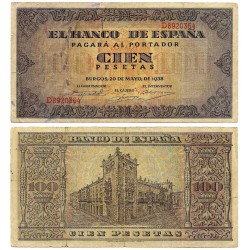 Estado Español. 1938. 100 Pesetas (MBC-/BC+) Serie D, Leves roturas en márgenes