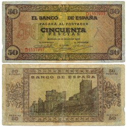 Estado Español. 1938. 50 Pesetas (BC/BC+) Serie D, Leves roturas en márgenes
