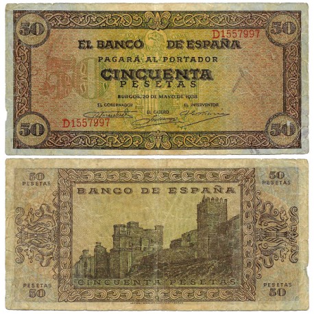 Estado Español. 1938. 50 Pesetas (BC/BC+) Serie D, Leves roturas en márgenes