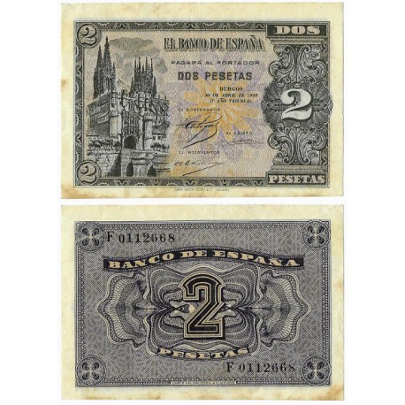 Estado Español. 1938. 2 Pesetas (MBC) Serie F, Manchas