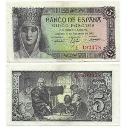 Estado Español. 1943. 5 Pesetas (MBC+) Serie E, Leves Manchas
