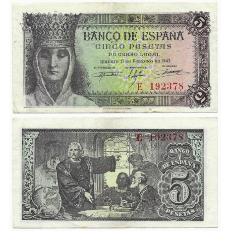 Estado Español. 1943. 5 Pesetas (MBC+) Serie E, Leves Manchas