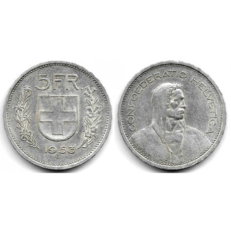 (40) Suiza. 1953(B). 5 Francs (MBC) (Plata)