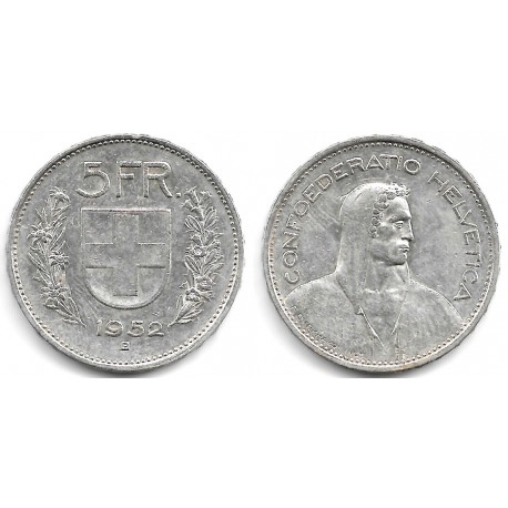 (40) Suiza. 1952(B). 5 Francs (MBC) (Plata)
