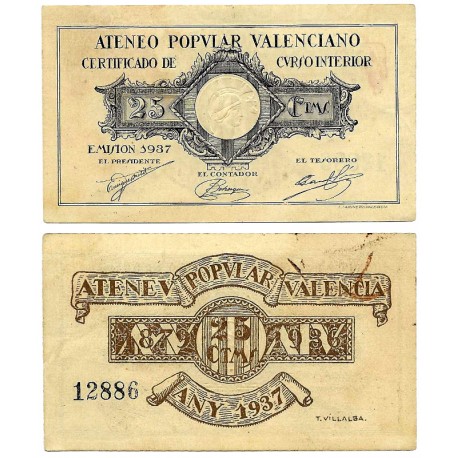 Ateneo Popular Valenciano. 1937. 25 Céntimos (EBC)